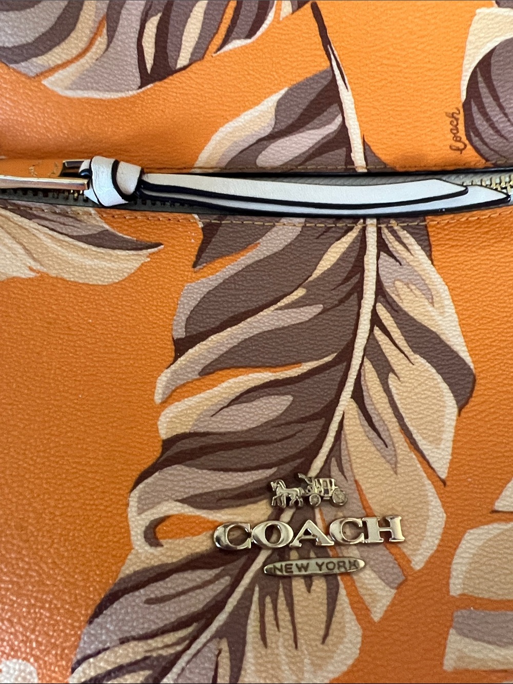 COACH Orange Leaf-Print Backpack with Cream Trim - Picture 2 of 6